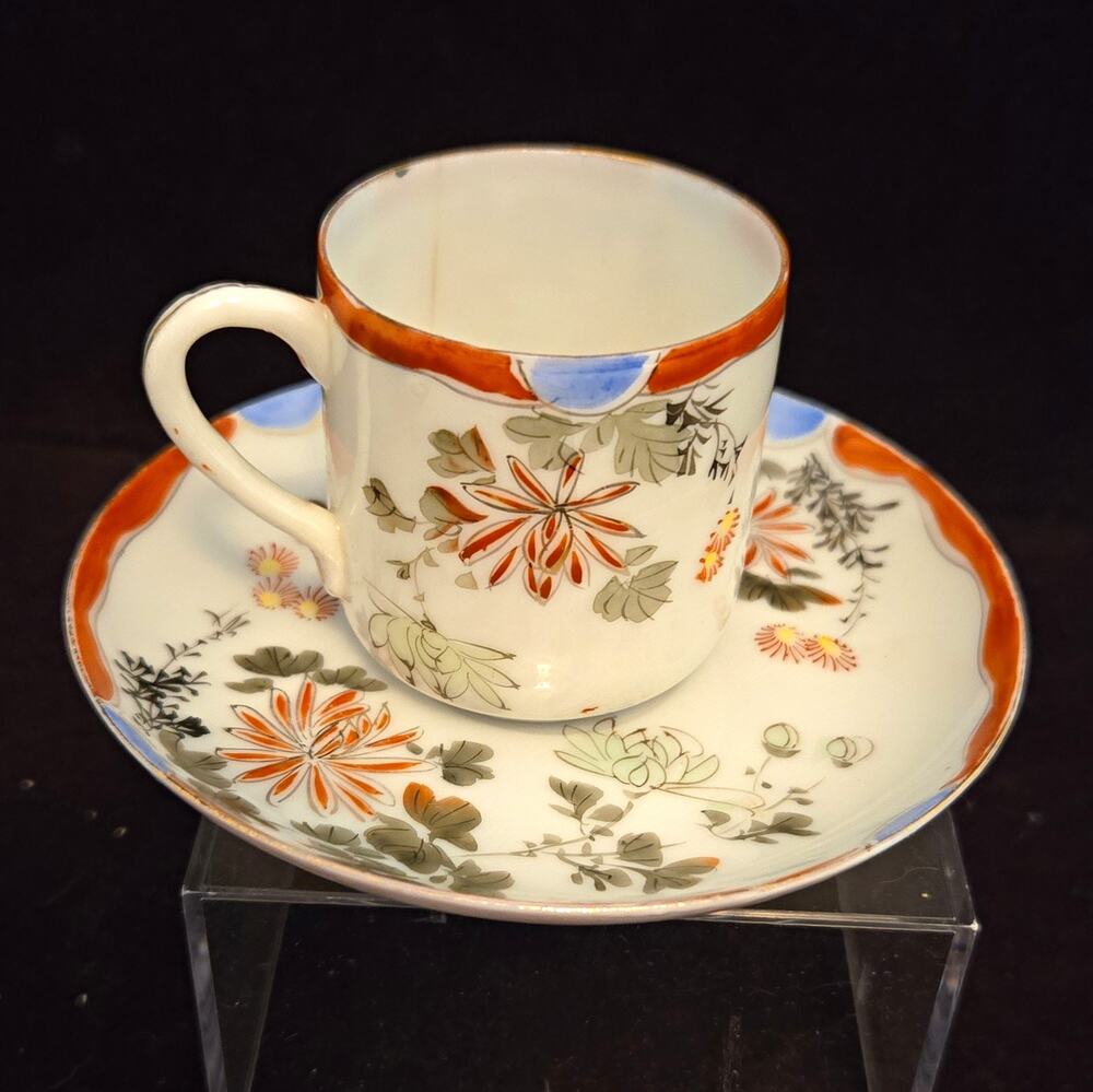 Porcelain Cup & Saucer Set White Orange Rim Blue Green Floral Glossy Round